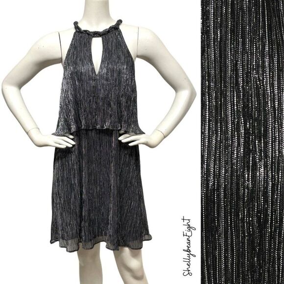 ELLA MOSS Silver Stripe METALLIC Tiered Dress M - Picture 2 of 16